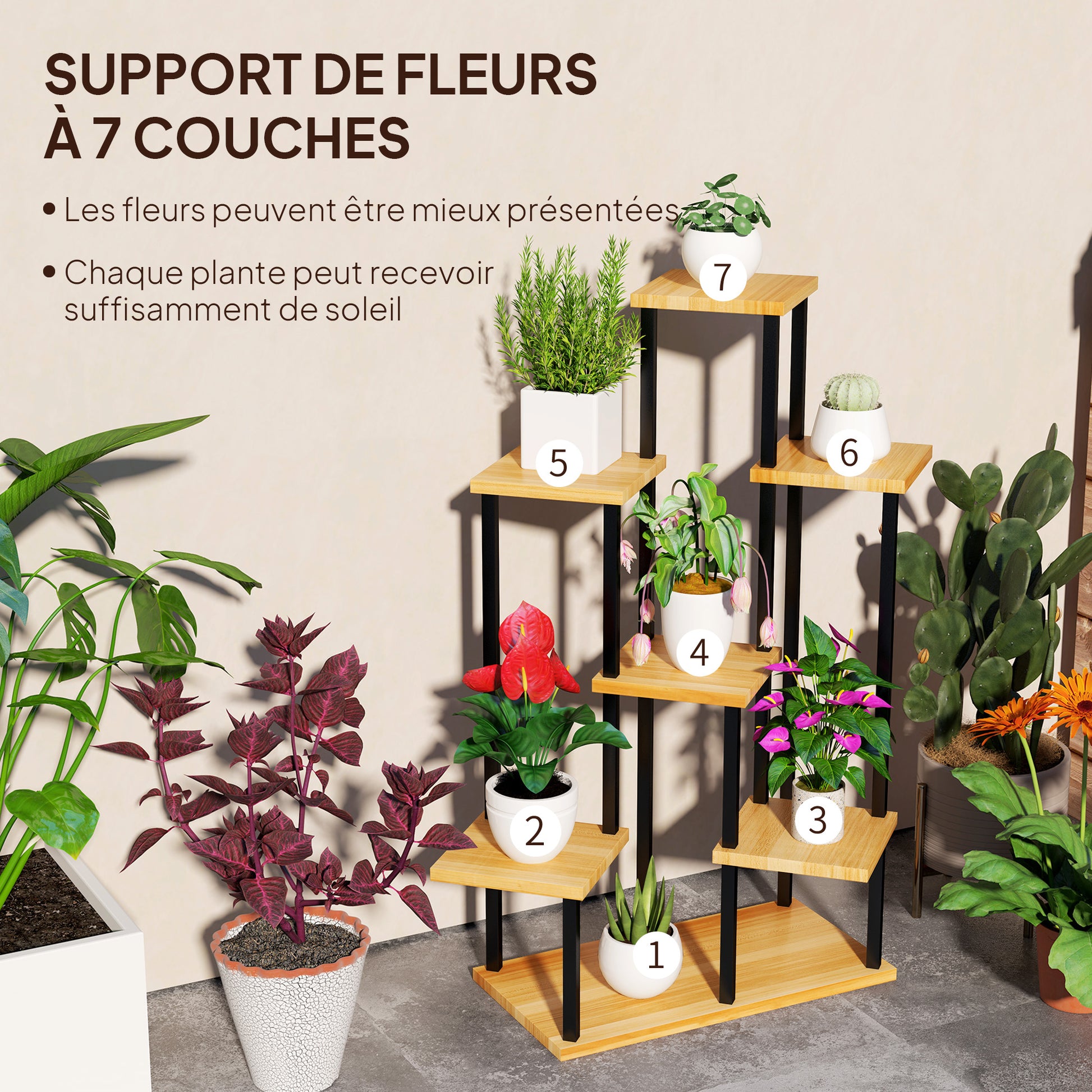 7-Tier Plant Stand for Indoor and Outdoor, Steel and Wood Plant Shelf, Plant Holder for Garden, Terrace, Balcony, Living Room, Natural Wood