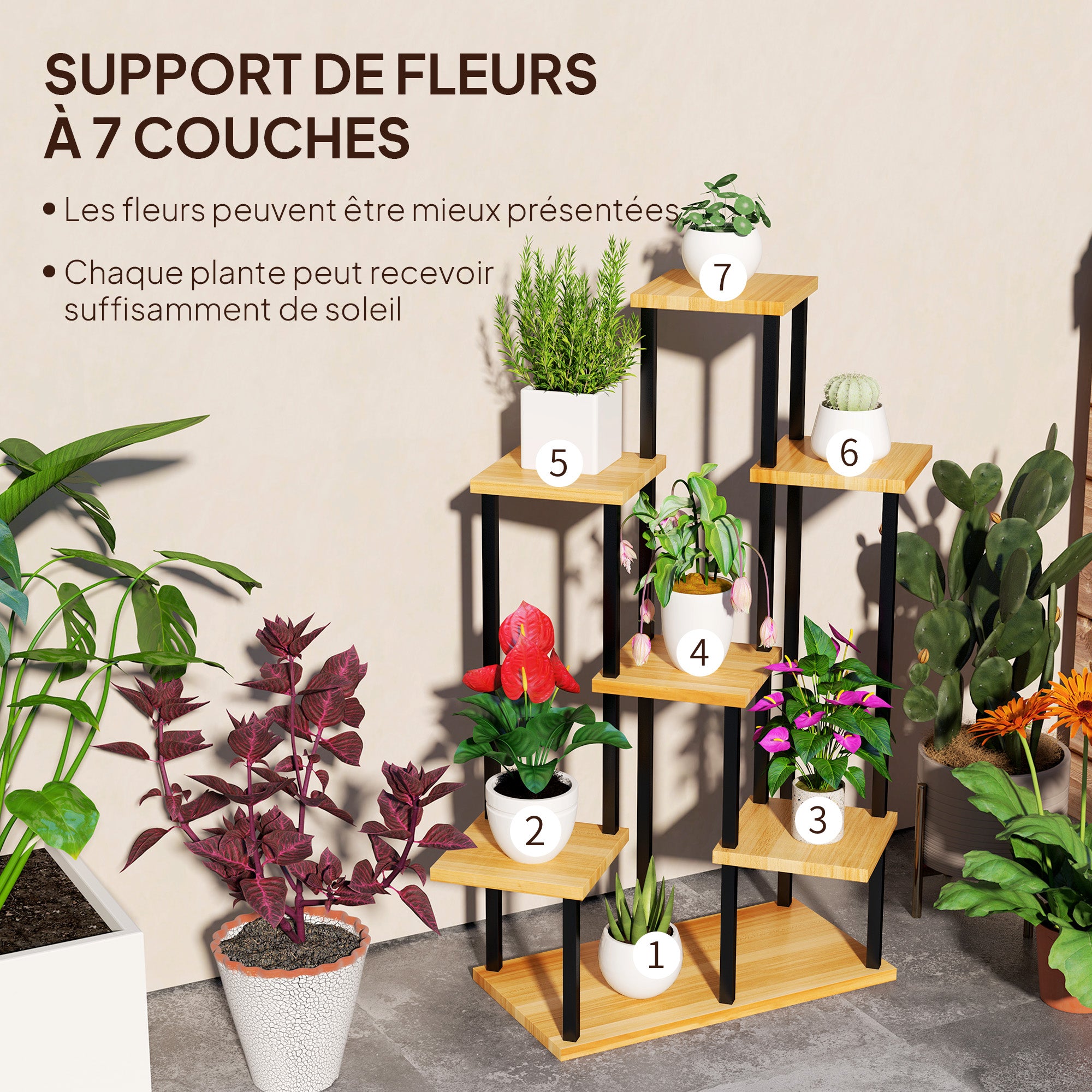 7-Tier Plant Stand for Indoor and Outdoor, Steel and Wood Plant Shelf, Plant Holder for Garden, Terrace, Balcony, Living Room, Natural Wood