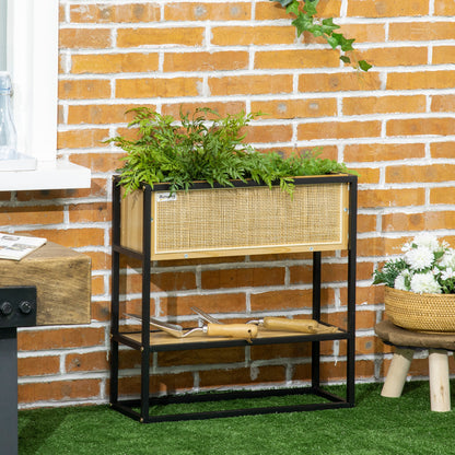 Rectangular Raised Planter with Lower Shelf Outdoor Square Vegetable Garden - Metal and Wood - 55 x 20 x 56 cm