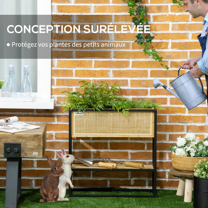 Rectangular Raised Planter with Lower Shelf Outdoor Square Vegetable Garden - Metal and Wood - 55 x 20 x 56 cm