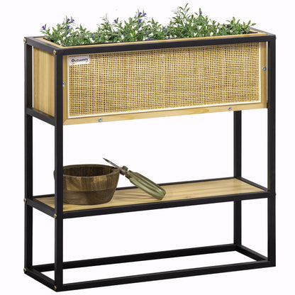 Rectangular Raised Planter with Lower Shelf Outdoor Square Vegetable Garden - Metal and Wood - 55 x 20 x 56 cm