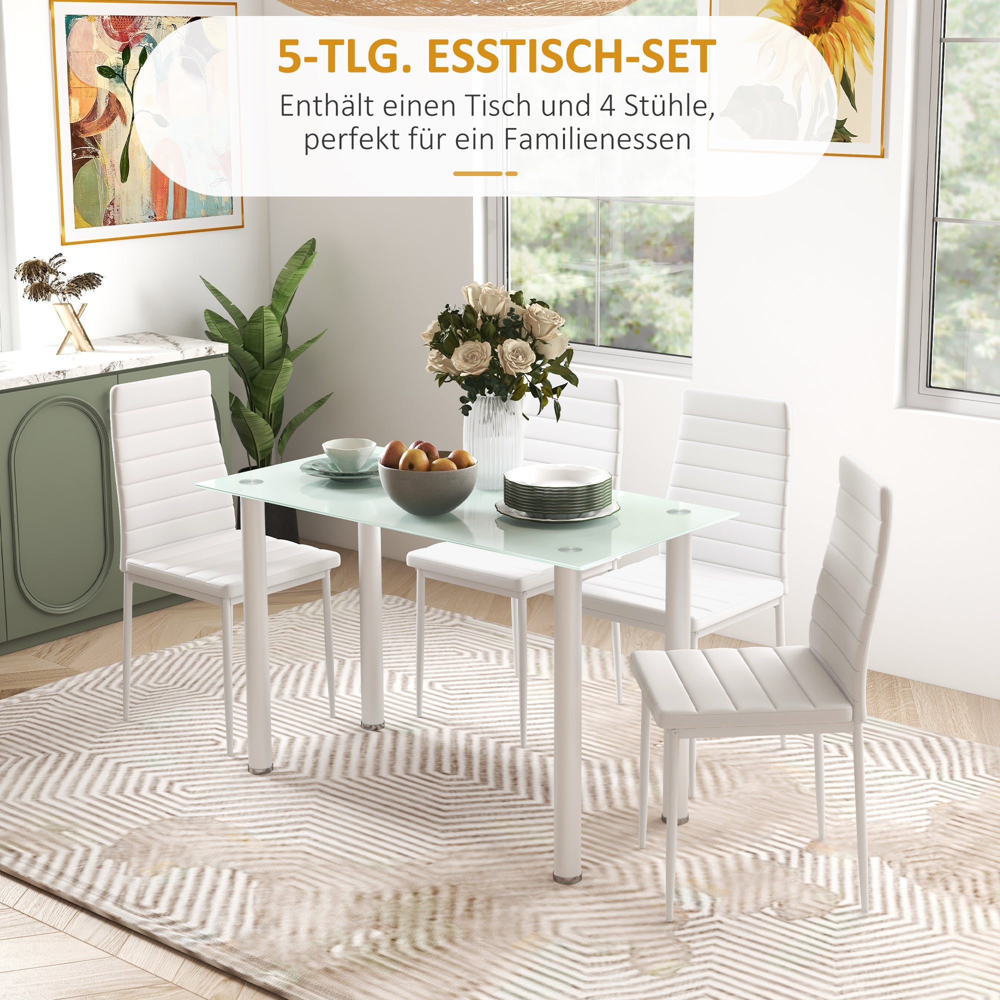 5-Piece Dining Set, Dining Table with 4 Chairs, Kitchen Table with Tempered Glass Top, Dining Group, Dining Furniture, Dining Table Set for Kitchen, Dining Room, Steel, White