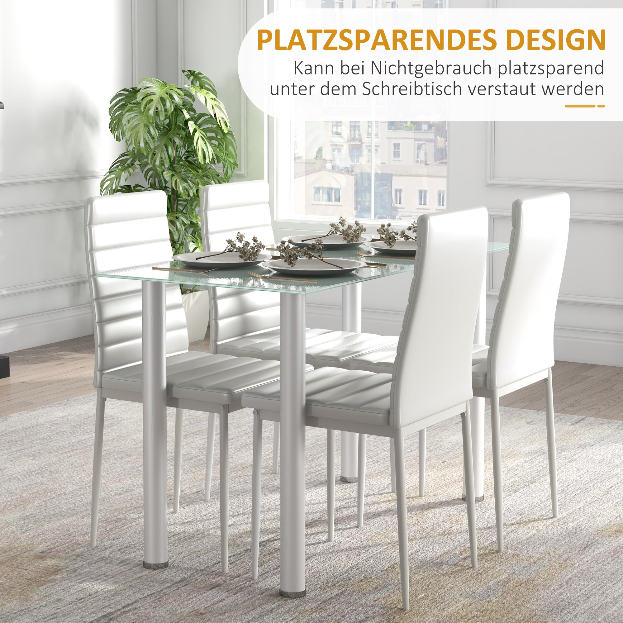 5-Piece Dining Set, Dining Table with 4 Chairs, Kitchen Table with Tempered Glass Top, Dining Group, Dining Furniture, Dining Table Set for Kitchen, Dining Room, Steel, White