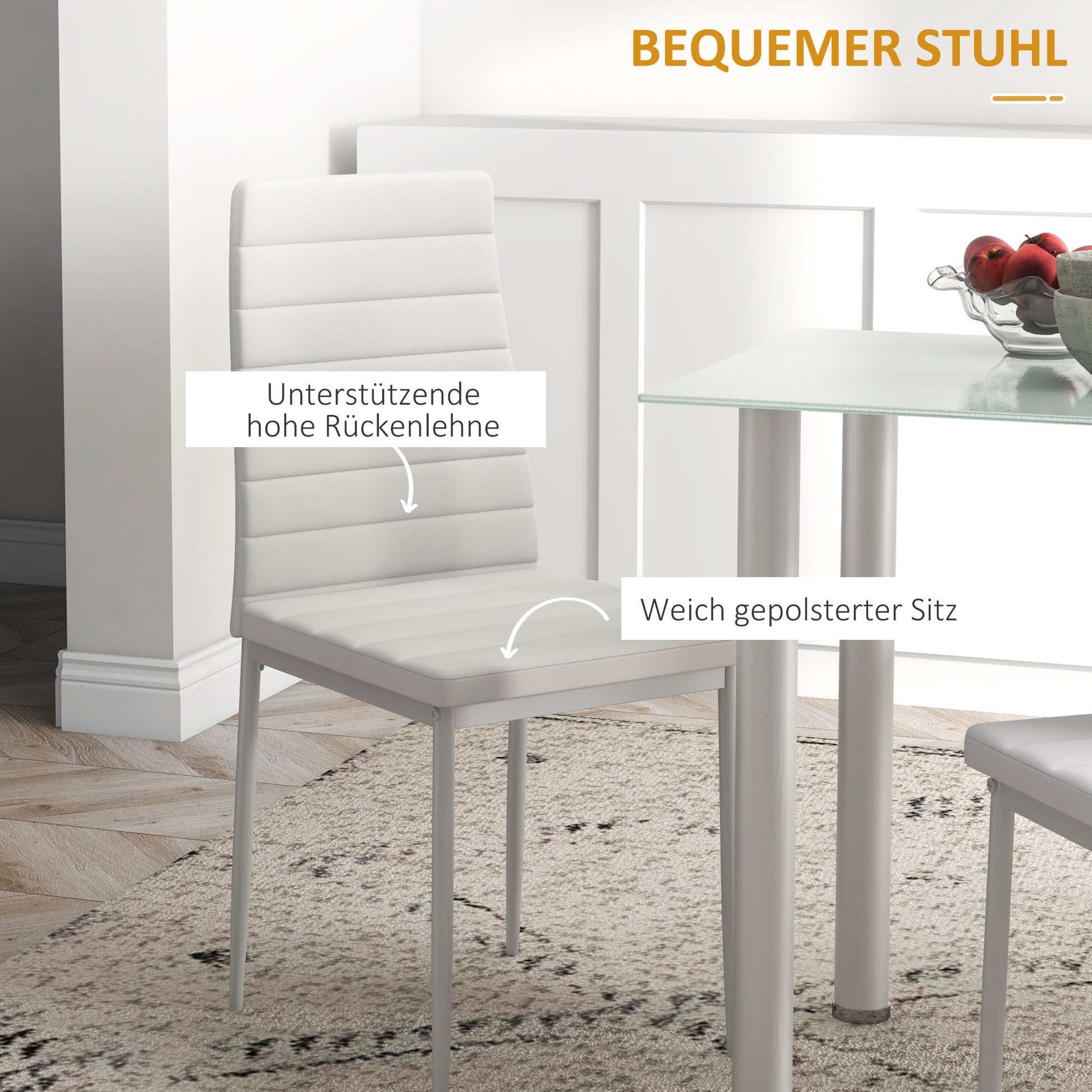 5-Piece Dining Set, Dining Table with 4 Chairs, Kitchen Table with Tempered Glass Top, Dining Group, Dining Furniture, Dining Table Set for Kitchen, Dining Room, Steel, White