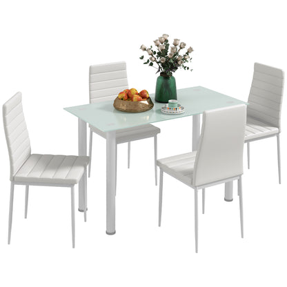 5-Piece Dining Set, Dining Table with 4 Chairs, Kitchen Table with Tempered Glass Top, Dining Group, Dining Furniture, Dining Table Set for Kitchen, Dining Room, Steel, White