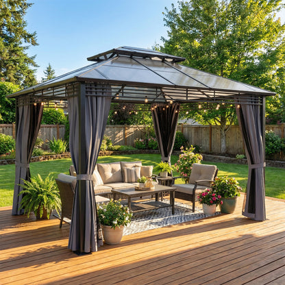 Garden Gazebo approx. 3.6 x 3 m – Aluminum Gazebo with 6 mm Double Polycarbonate Roof, Mosquito Net, 4 Side Curtains, Water-Resistant Sturdy Hardtop Pergola, Dark Gray