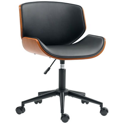 Mid-Century Armless Office Chair — Ergonomic, Height-Adjustable, 360° Swivel, PU, Black & Walnut