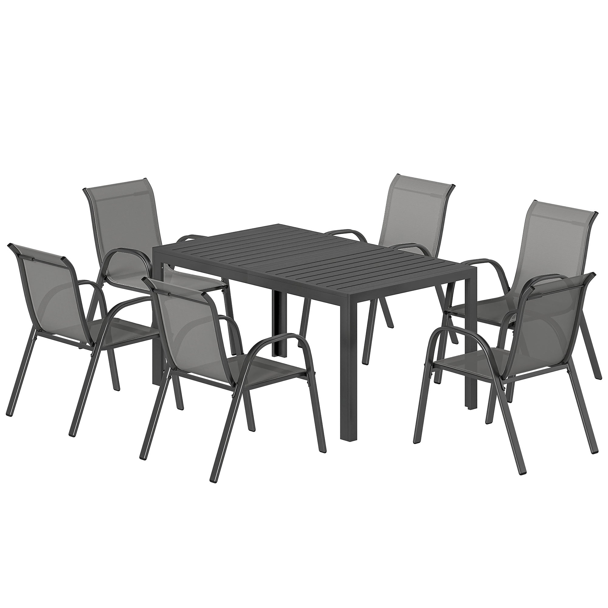 7-Piece Garden Dining Set — Rectangular Table with 6 Stackable Textilene Chairs, Light Gray