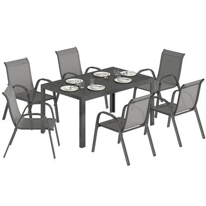 7-Piece Garden Dining Set — Rectangular Table with 6 Stackable Textilene Chairs, Light Gray