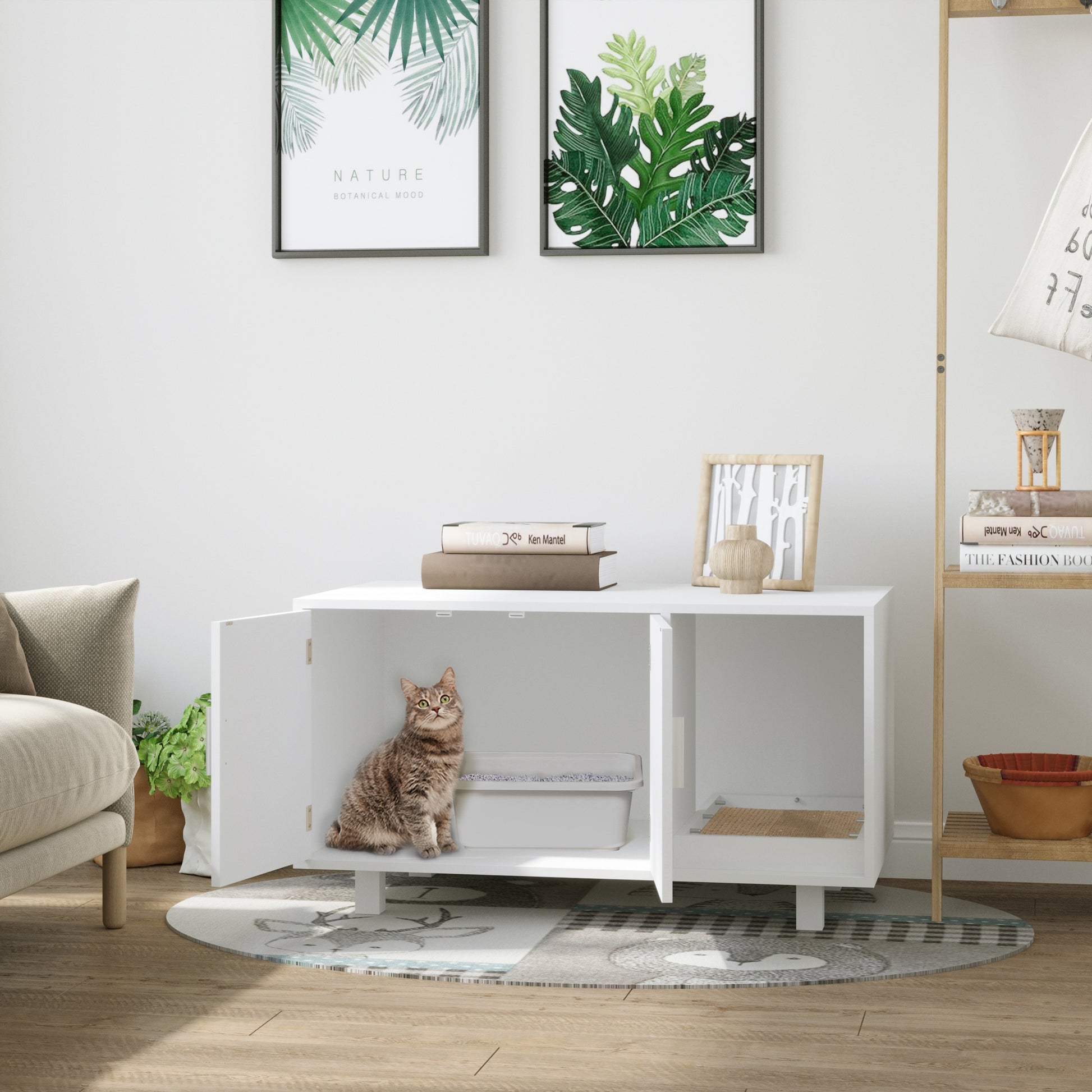 Cat Litter Box Furniture with Door Scratcher for Cats Litter Box for Cats Indoor 91x52x50.5 cm White