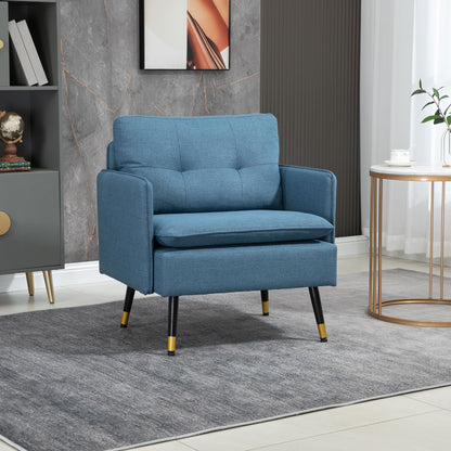 Scandinavian armchair with tufted back and contrasting piping in fabric 76 x 68 x 80 cm - blue and black and gold metal legs