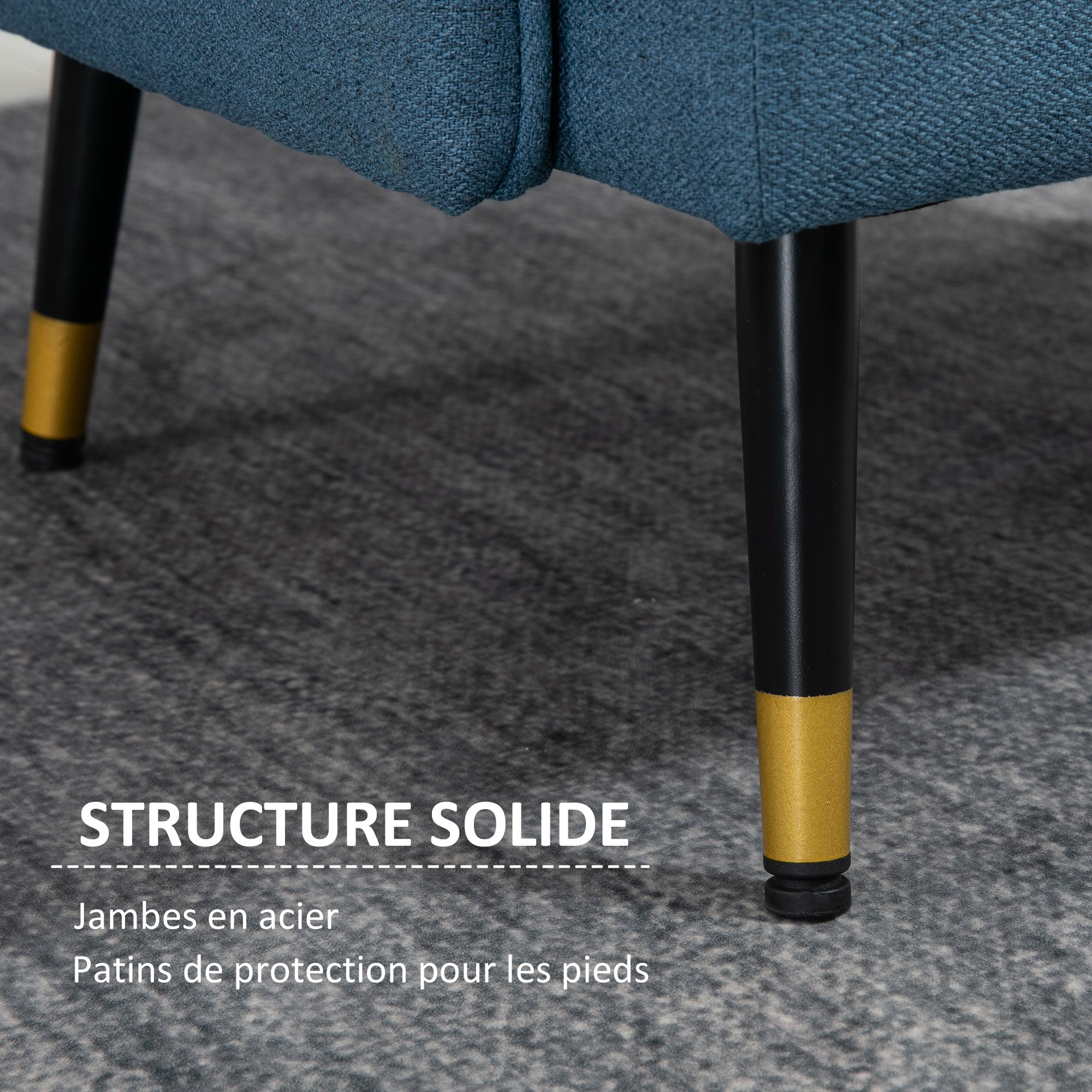 Scandinavian armchair with tufted back and contrasting piping in fabric 76 x 68 x 80 cm - blue and black and gold metal legs