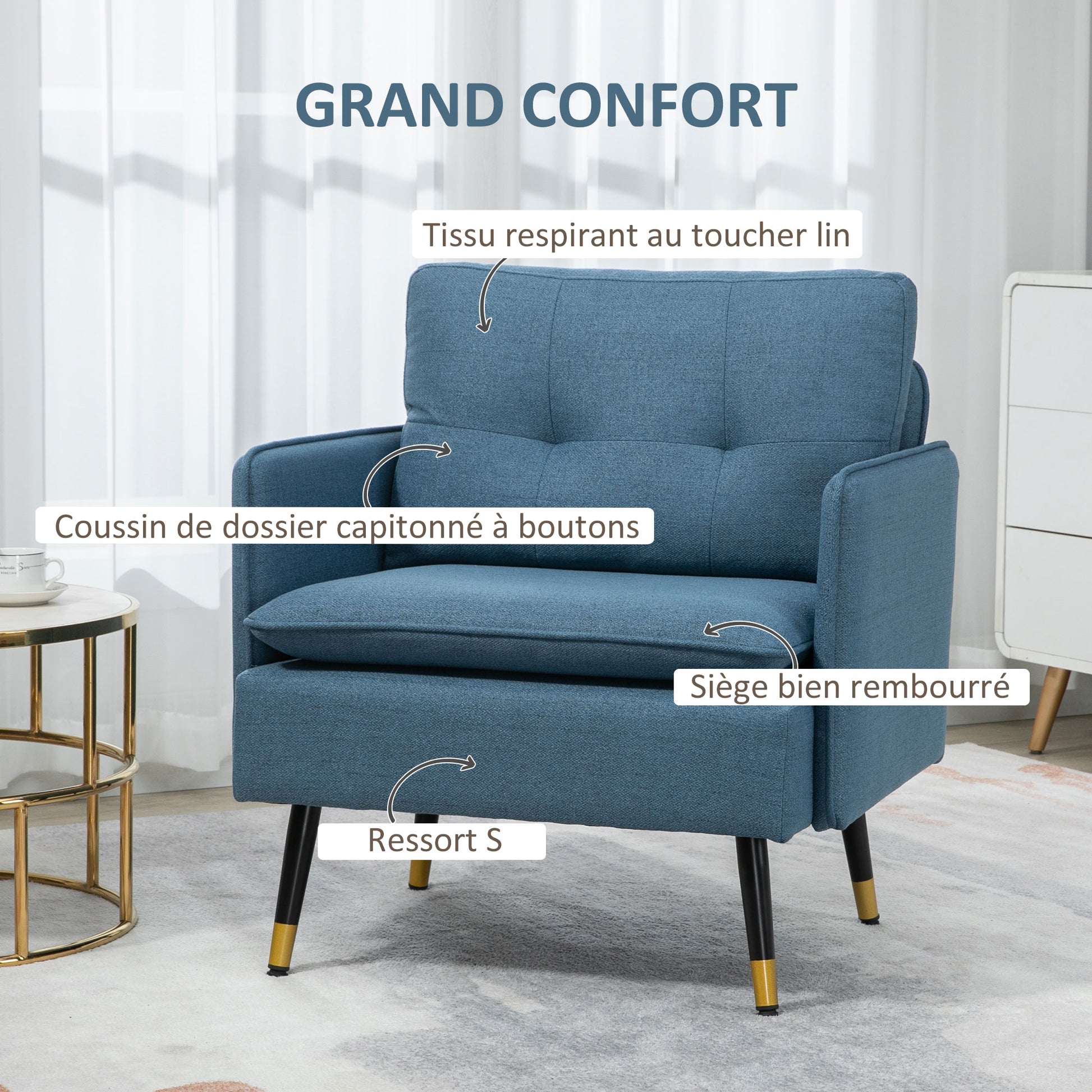 Scandinavian armchair with tufted back and contrasting piping in fabric 76 x 68 x 80 cm - blue and black and gold metal legs