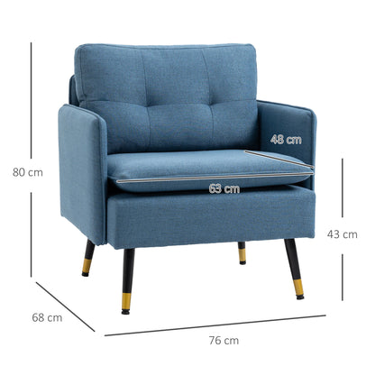 Scandinavian armchair with tufted back and contrasting piping in fabric 76 x 68 x 80 cm - blue and black and gold metal legs