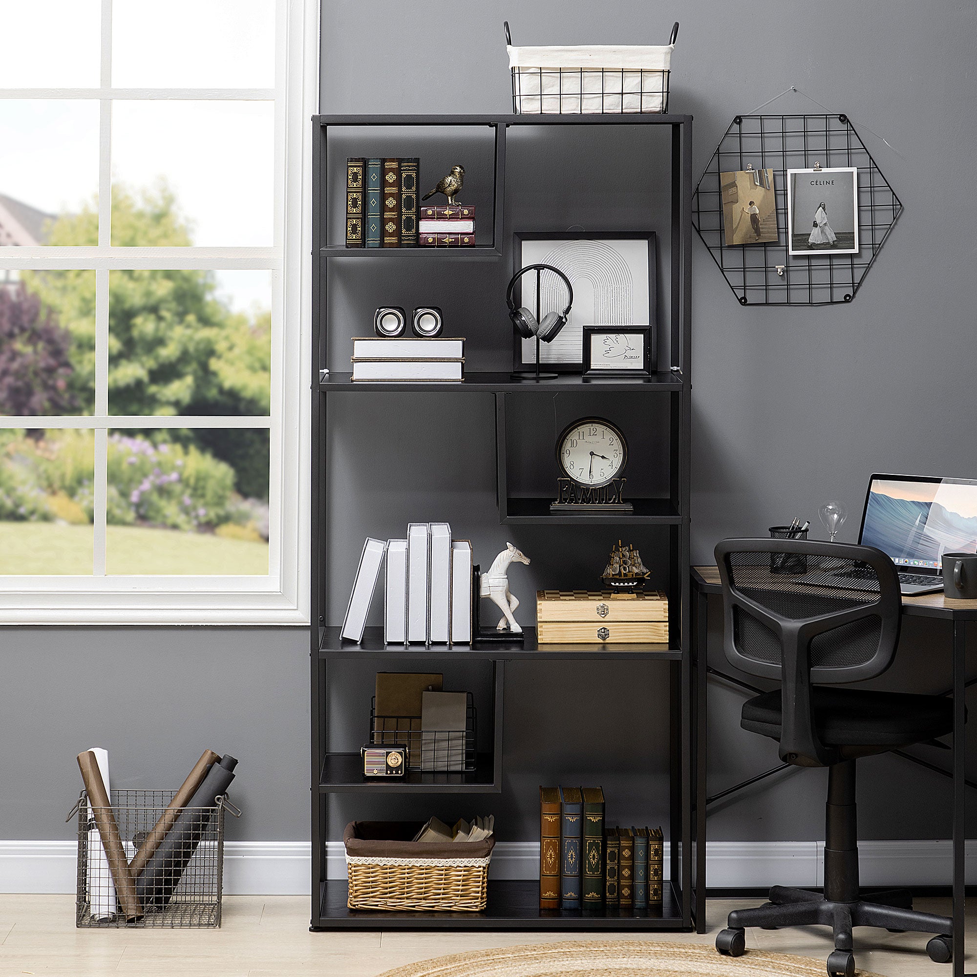 Industrial Style 7-Shelf Bookcase Storage Unit with Steel Frame for Living Room Bedroom Kitchen - 83x34x180 cm