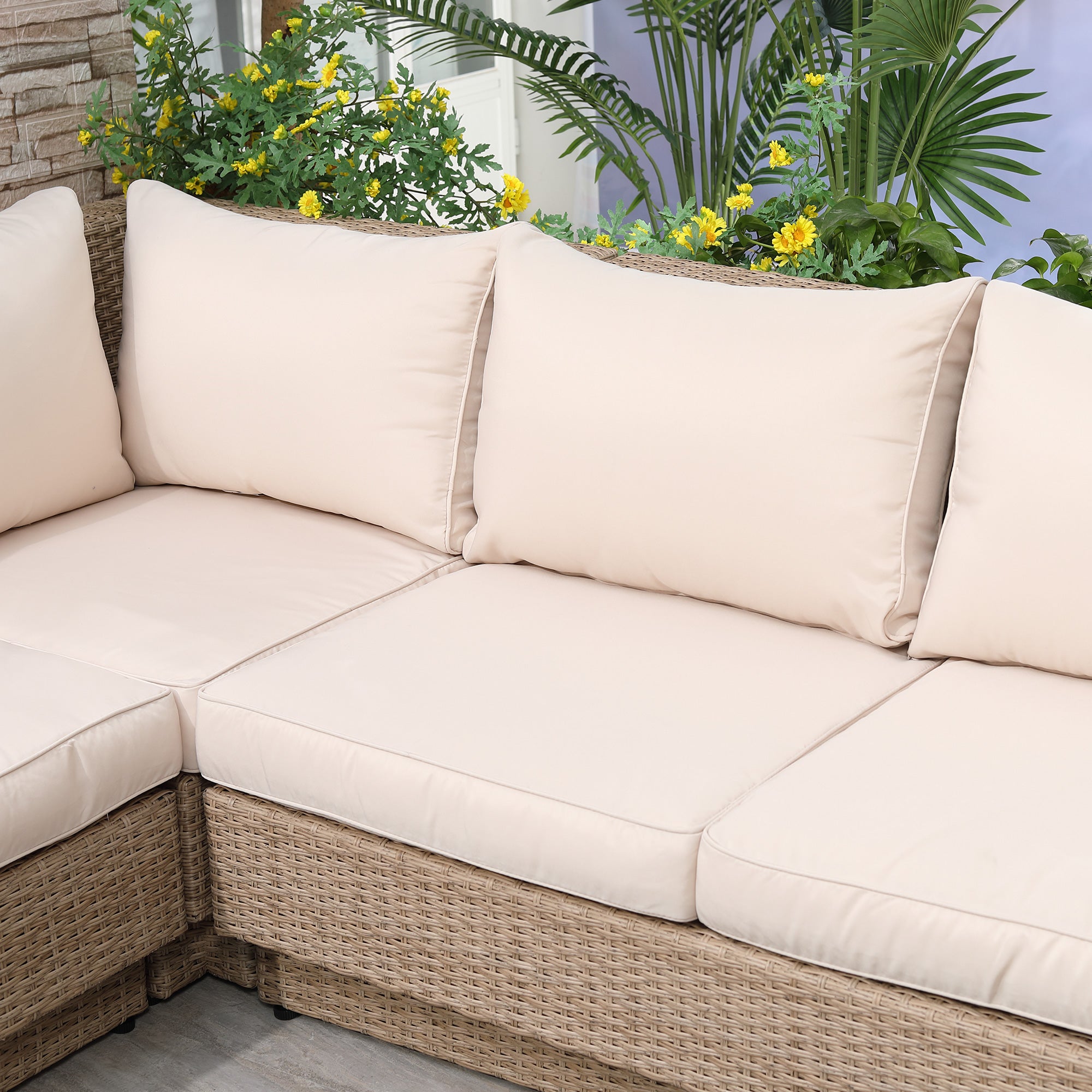 5-seater corner garden lounge set contemporary design thick cushions coffee table woven resin metal, beige