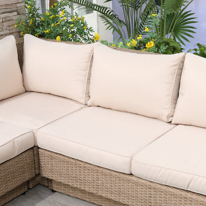 5-seater corner garden lounge set contemporary design thick cushions coffee table woven resin metal, beige