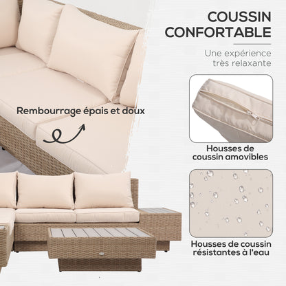 5-seater corner garden lounge set contemporary design thick cushions coffee table woven resin metal, beige