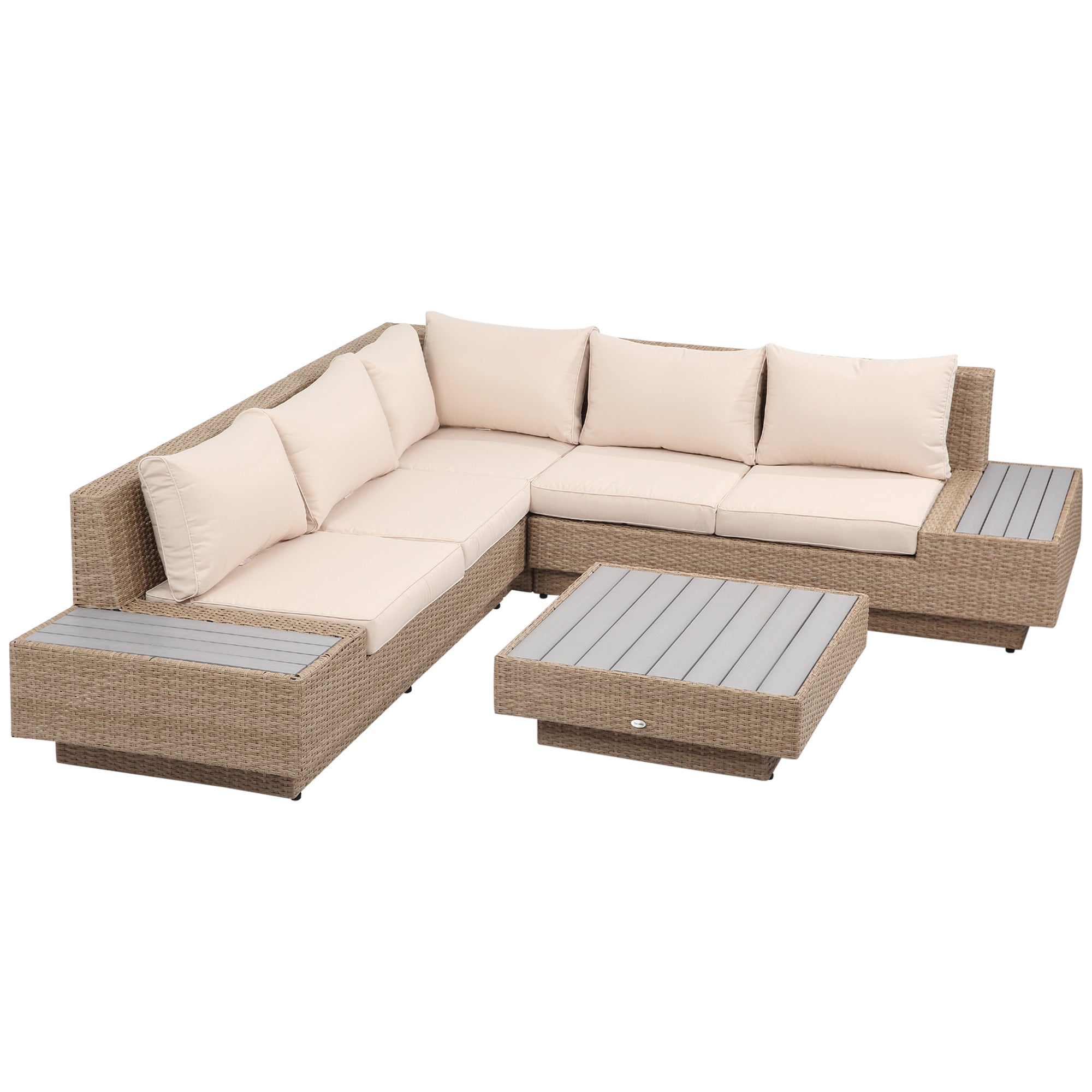 5-seater corner garden lounge set contemporary design thick cushions coffee table woven resin metal, beige