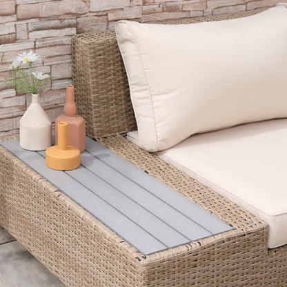 5-seater corner garden lounge set contemporary design thick cushions coffee table woven resin metal, beige