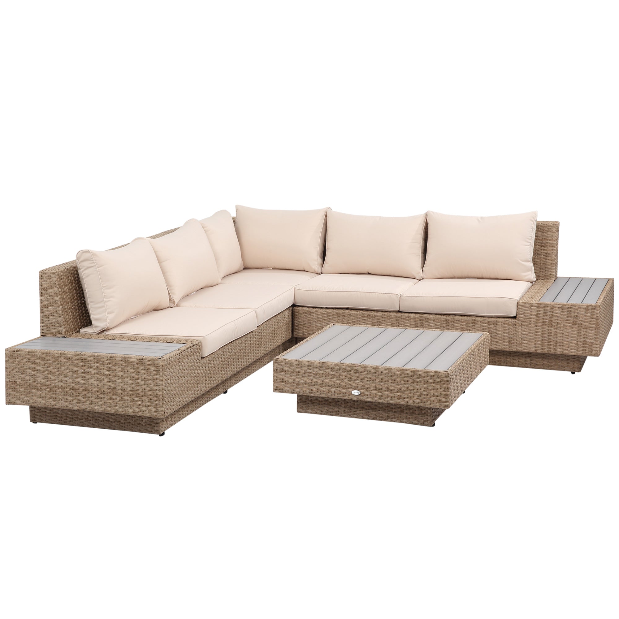5-seater corner garden lounge set contemporary design thick cushions coffee table woven resin metal, beige