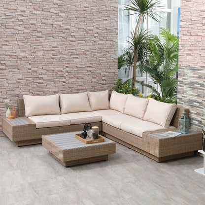 5-seater corner garden lounge set contemporary design thick cushions coffee table woven resin metal, beige