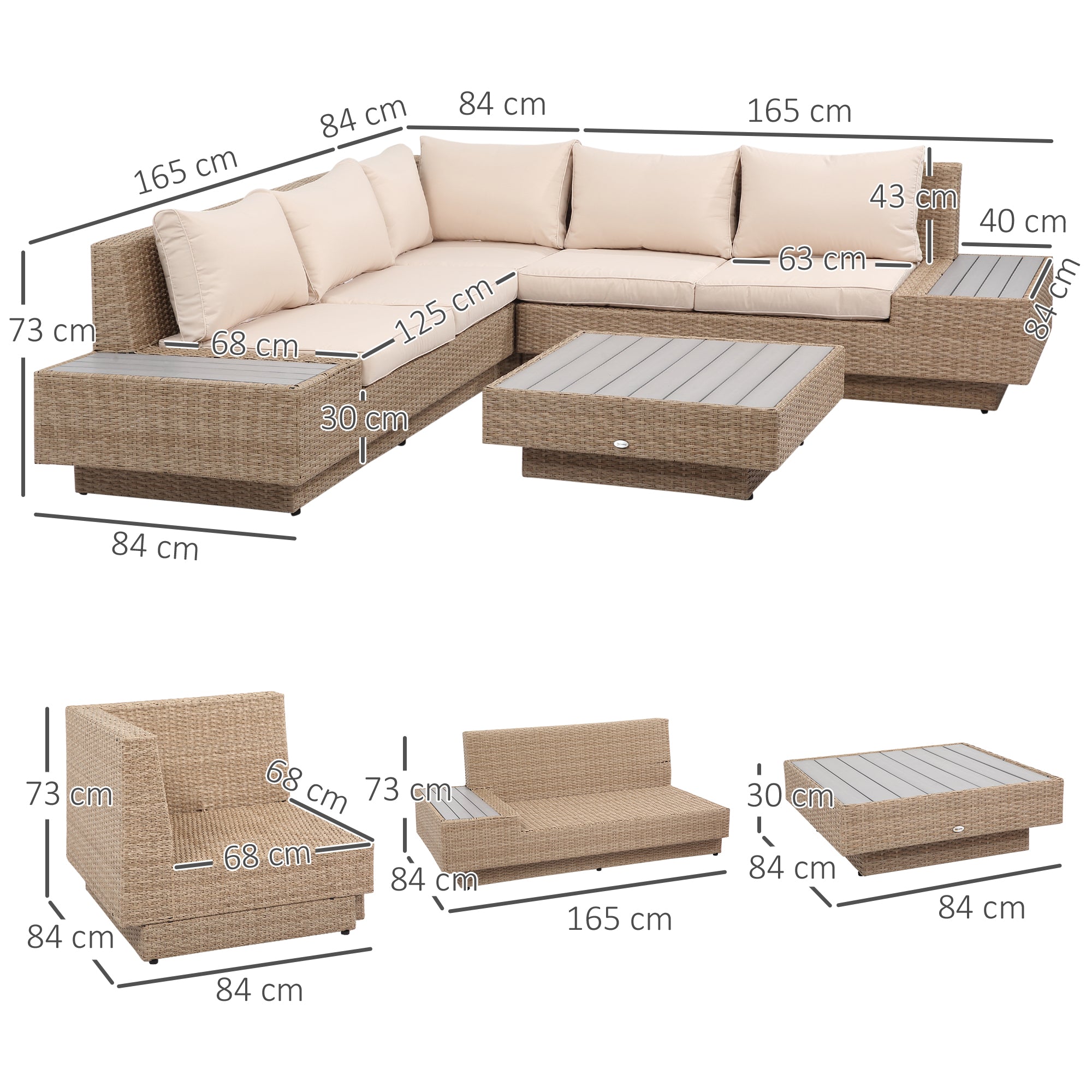 5-seater corner garden lounge set contemporary design thick cushions coffee table woven resin metal, beige
