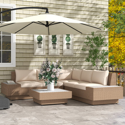 5-seater corner garden lounge set contemporary design thick cushions coffee table woven resin metal, beige