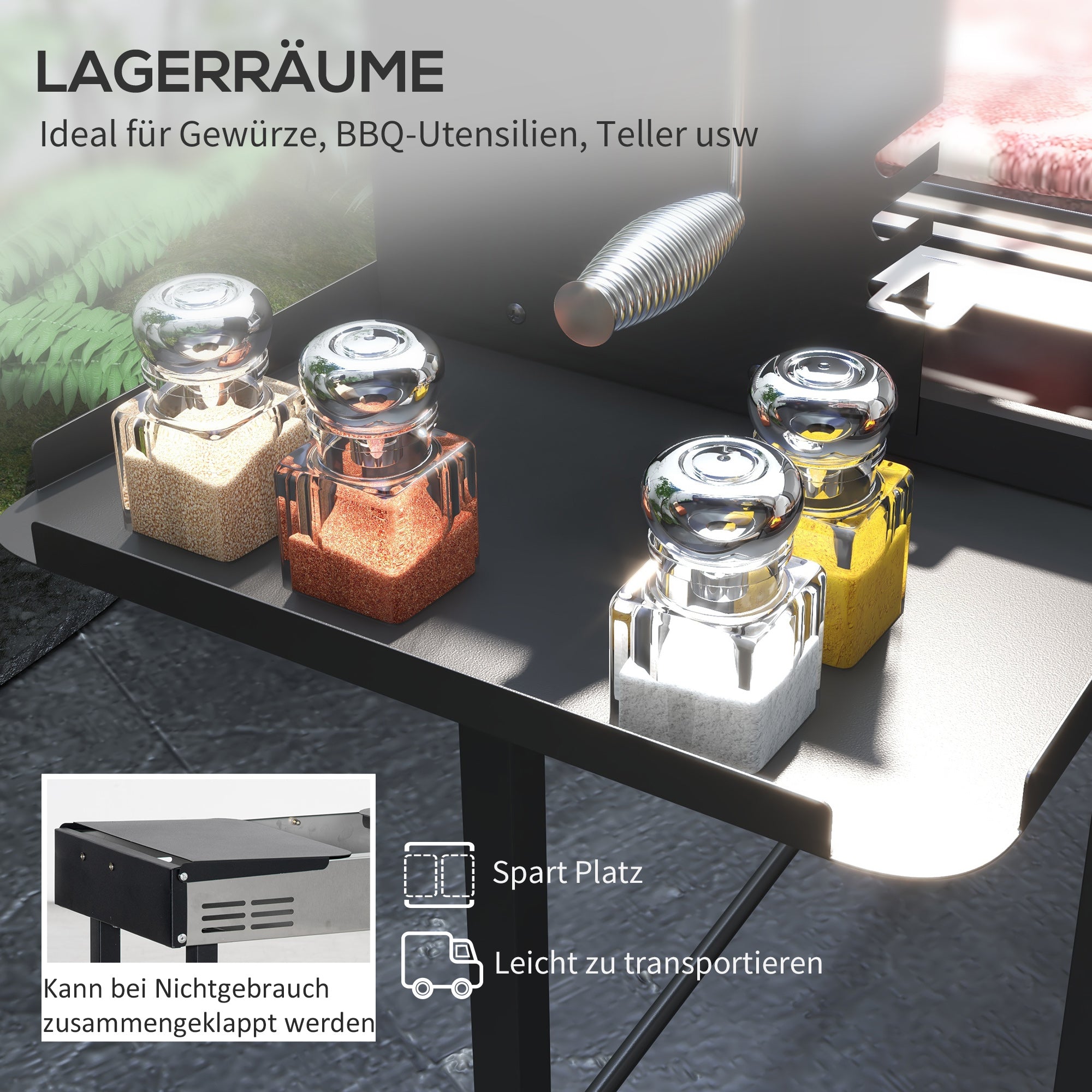 charcoal grill camping grill with grill grate and rotisserie kit, foldable, portable, camping garden BBQ, stainless steel+metal, black, 118 x 32 x 90 cm