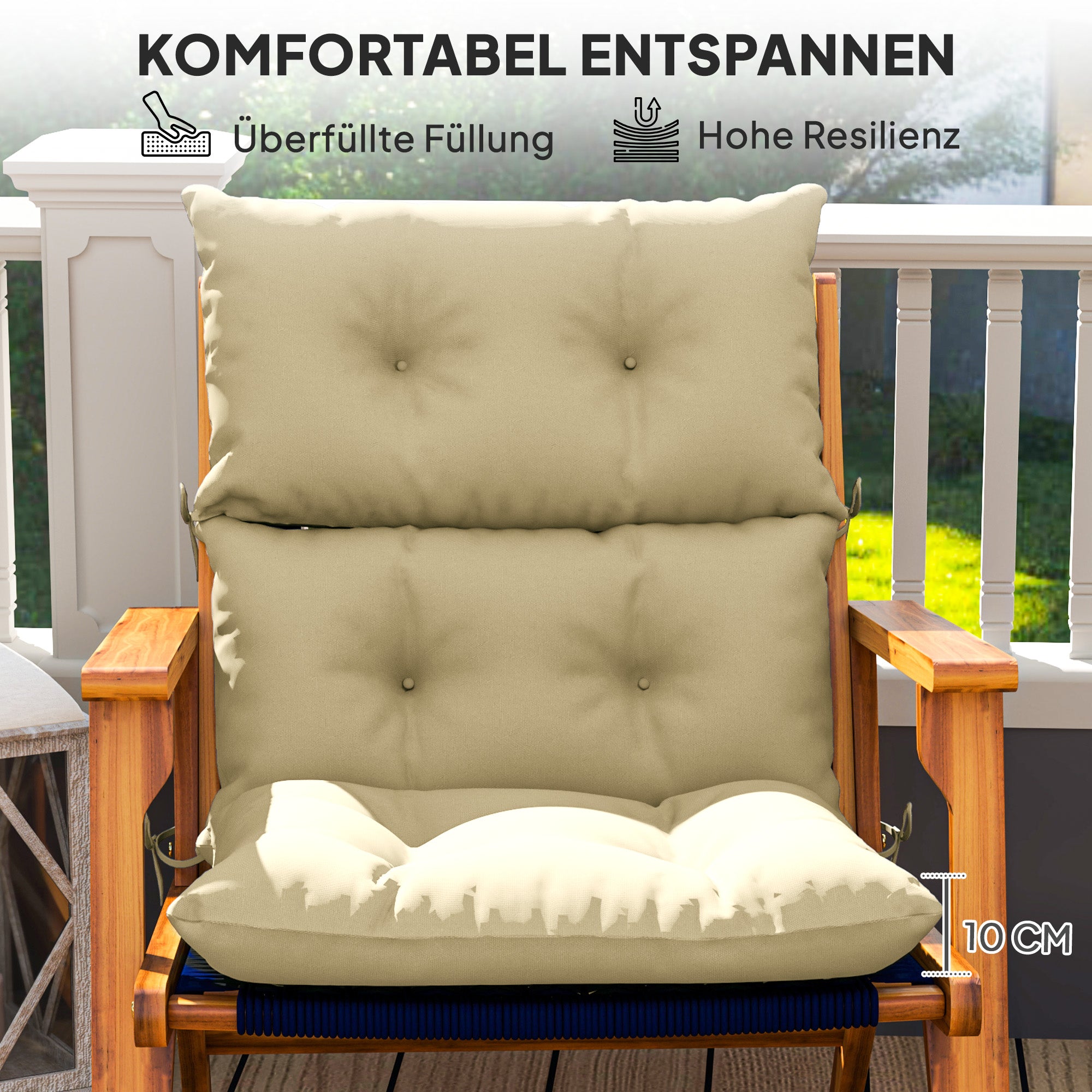 Chair Cushion, 115x56 cm Chair Cushion with Tie Straps, Backrest, 10cm Thick Padding, Water-Resistant Seat Pad for Home, Garden, Office, Chairs, Beige