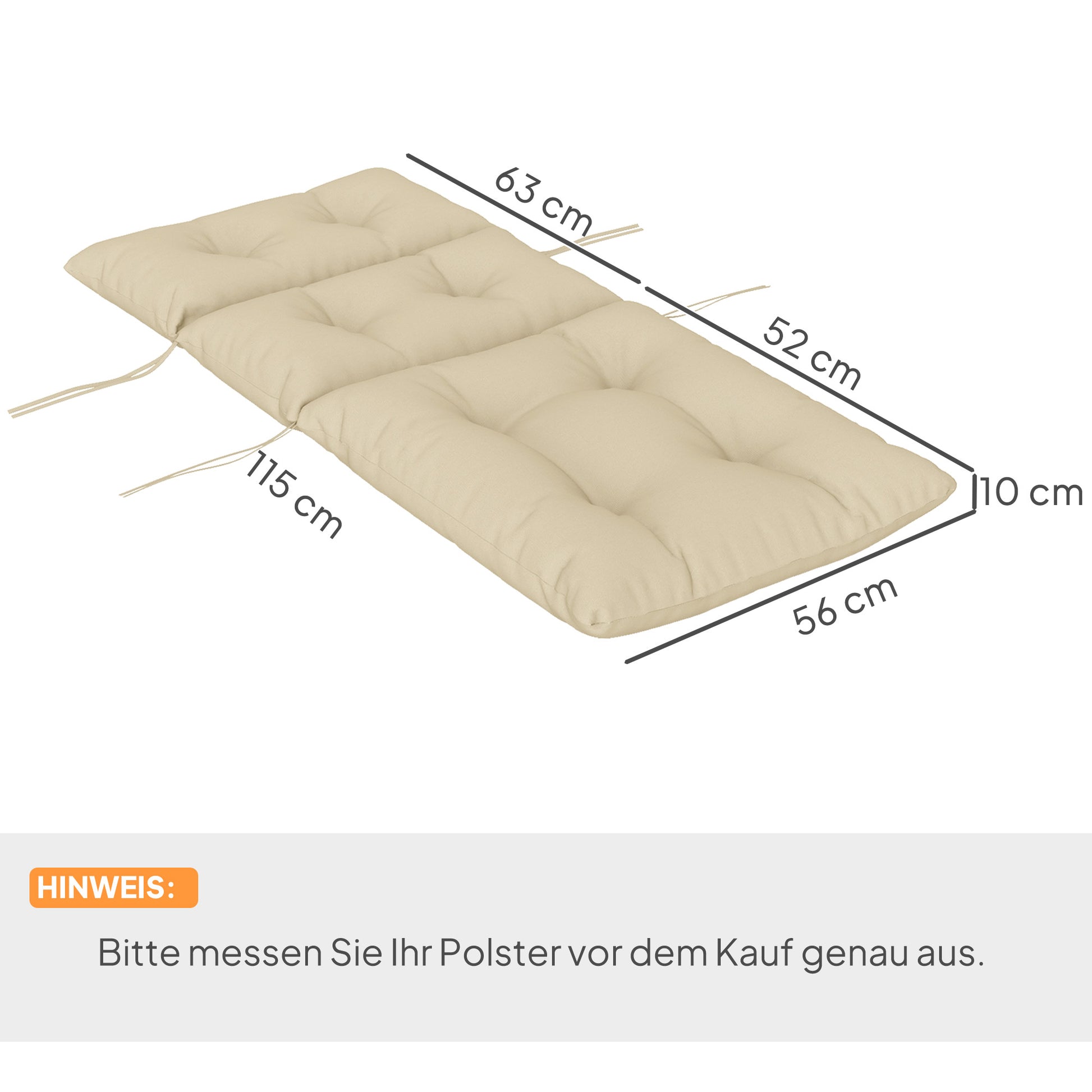 Chair Cushion, 115x56 cm Chair Cushion with Tie Straps, Backrest, 10cm Thick Padding, Water-Resistant Seat Pad for Home, Garden, Office, Chairs, Beige