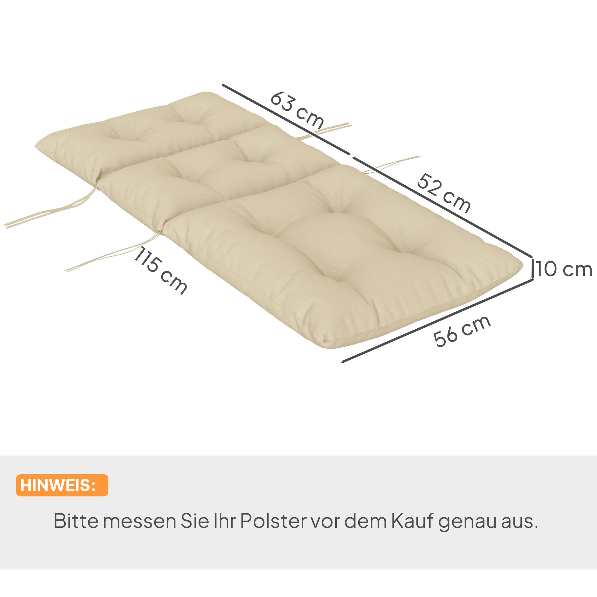 Chair Cushion, 115x56 cm Chair Cushion with Tie Straps, Backrest, 10cm Thick Padding, Water-Resistant Seat Pad for Home, Garden, Office, Chairs, Beige