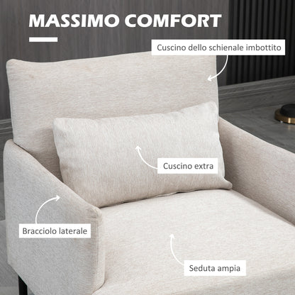 Modern Upholstered Armchair with Extra Cushion, Linen Effect Fabric and Steel, 73x81x82 cm, Cream White