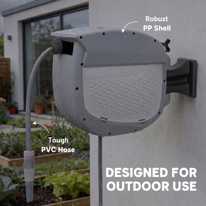 Retractable Garden Hose Reel 20 m + 1.9 m, 2-Mode Nozzle, Wall-Mount with Auto-Lock and Controlled Rewind, 180° Swivel, Gray