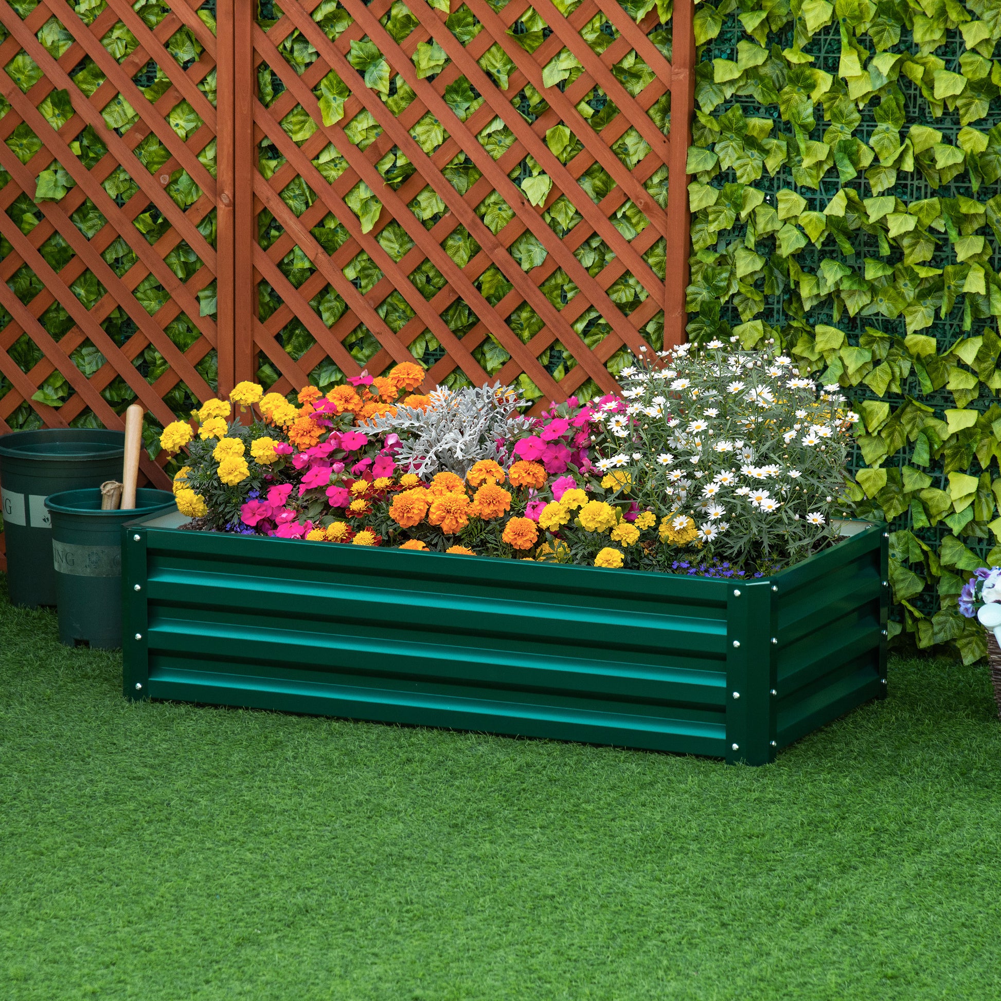 Raised Galvanized Steel Planter Urban Garden for Growing Plants Flowers Herbs Outdoor Rectangular Planter with Open Bottom 120x60x30.5 cm Green
