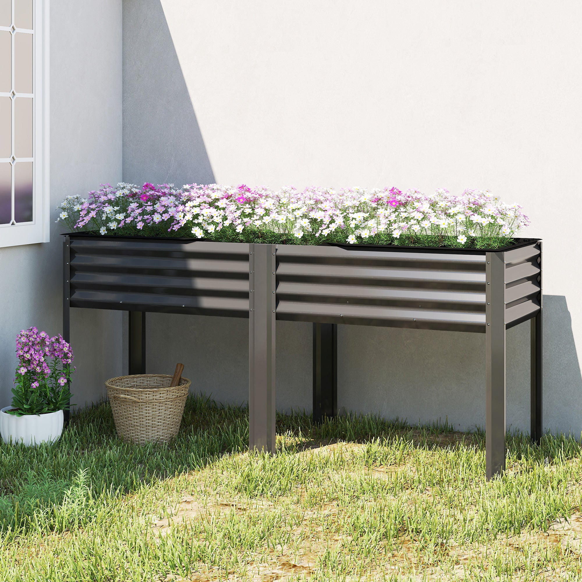 Metal Raised Garden Bed – Extra-Large Planter with Reinforcement Bars & Fabric Liner, Elevated Planter 180 x 55 x 80 cm (71 x 21.7 x 31.5 in), Dark Gray