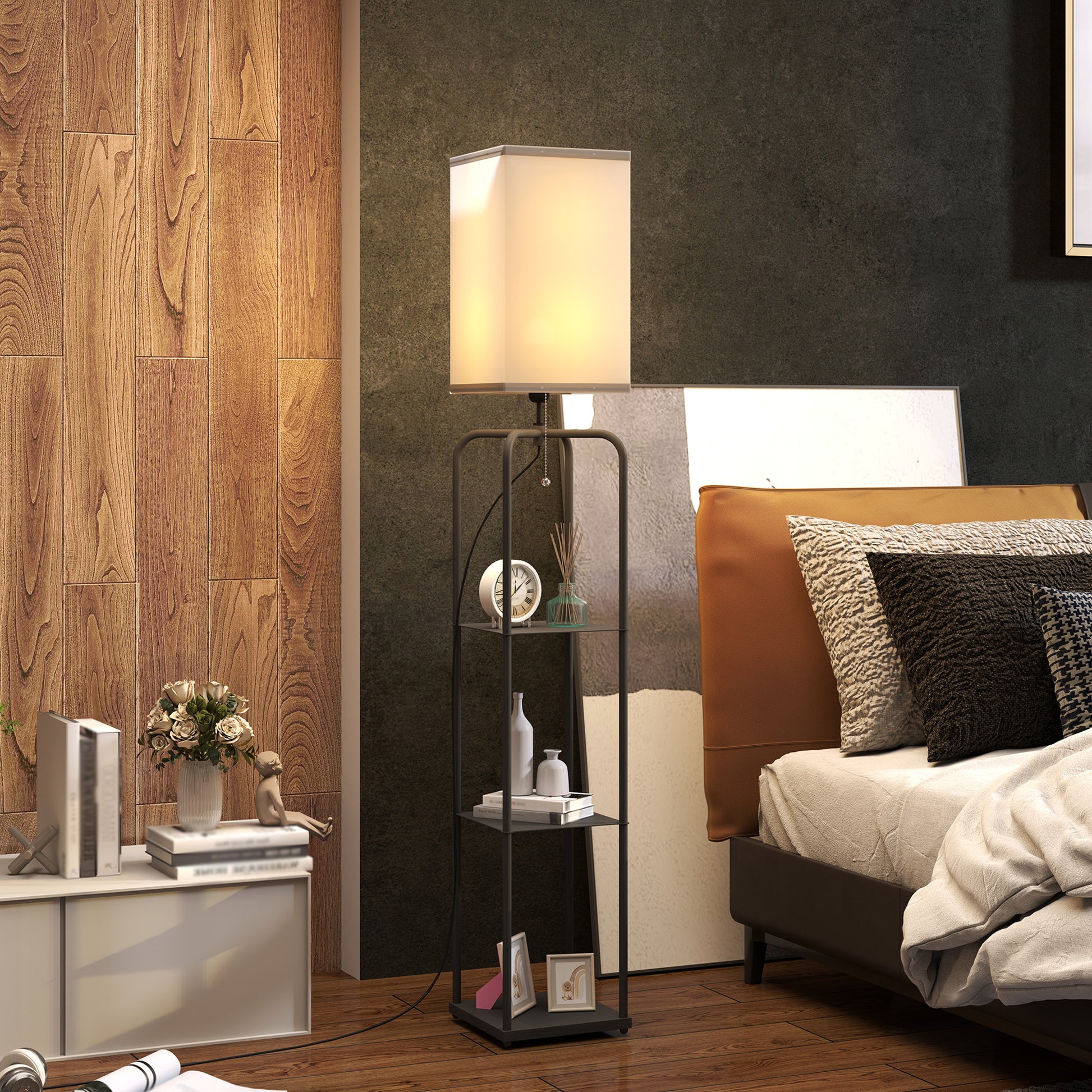 Floor Lamp for Living Room, Modern Floor Lamp with Shelves, Fabric Lampshade, Pull Chain Switch for Bedroom, Office, Bulb not Included, Black