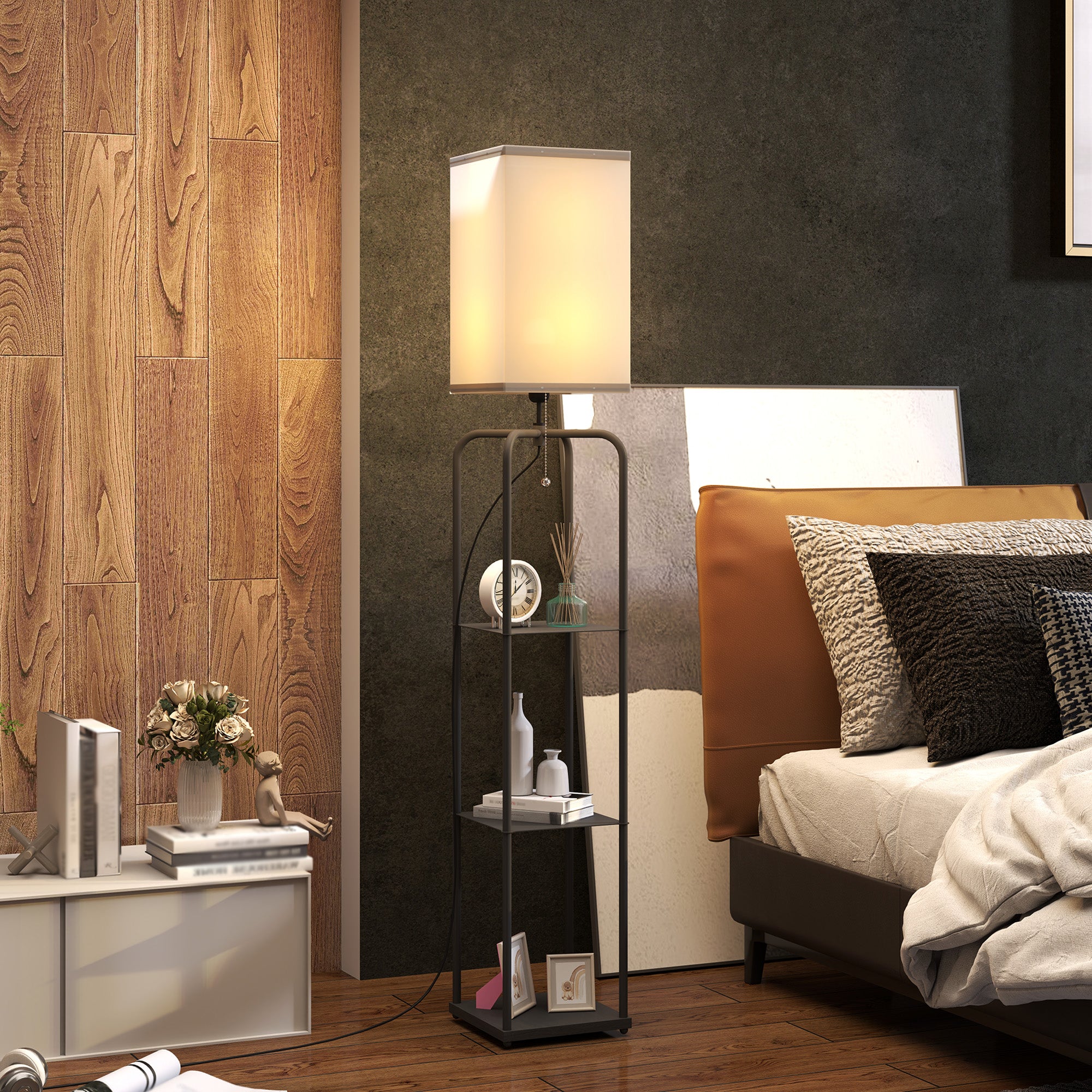 Floor Lamp for Living Room, Modern Floor Lamp with Shelves, Fabric Lampshade, Pull Chain Switch for Bedroom, Office, Bulb not Included, Black