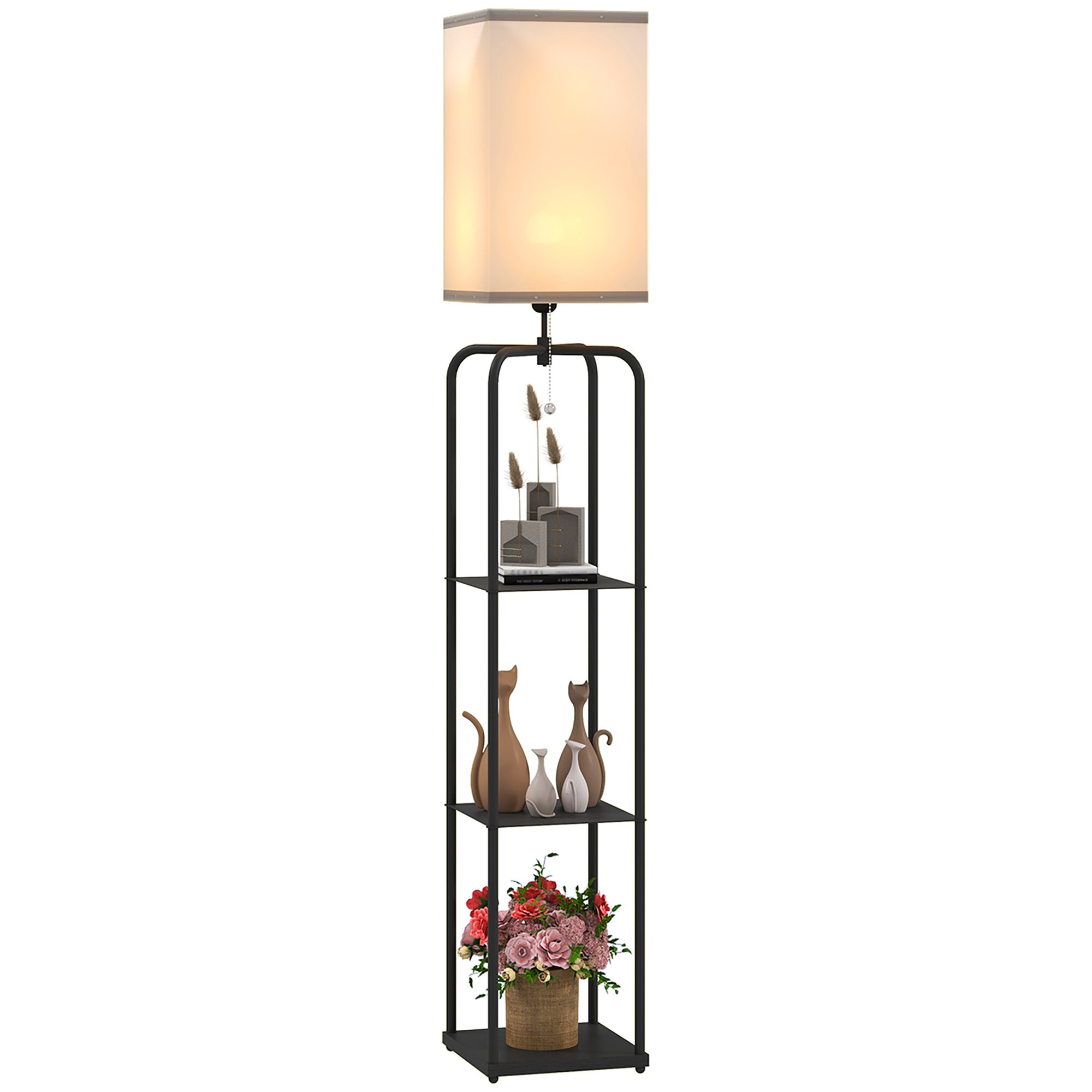 Floor Lamp for Living Room, Modern Floor Lamp with Shelves, Fabric Lampshade, Pull Chain Switch for Bedroom, Office, Bulb not Included, Black