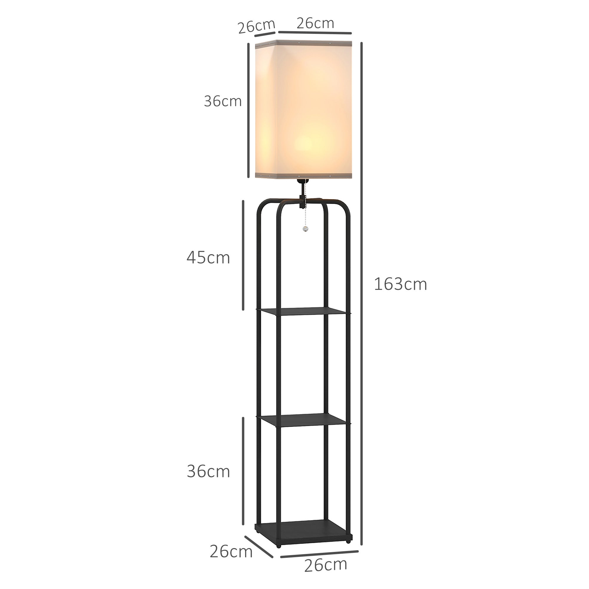 Floor Lamp for Living Room, Modern Floor Lamp with Shelves, Fabric Lampshade, Pull Chain Switch for Bedroom, Office, Bulb not Included, Black