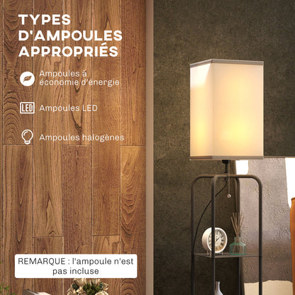 Floor Lamp for Living Room, Modern Floor Lamp with Shelves, Fabric Lampshade, Pull Chain Switch for Bedroom, Office, Bulb not Included, Black