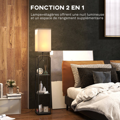 Floor Lamp for Living Room, Modern Floor Lamp with Shelves, Fabric Lampshade, Pull Chain Switch for Bedroom, Office, Bulb not Included, Black