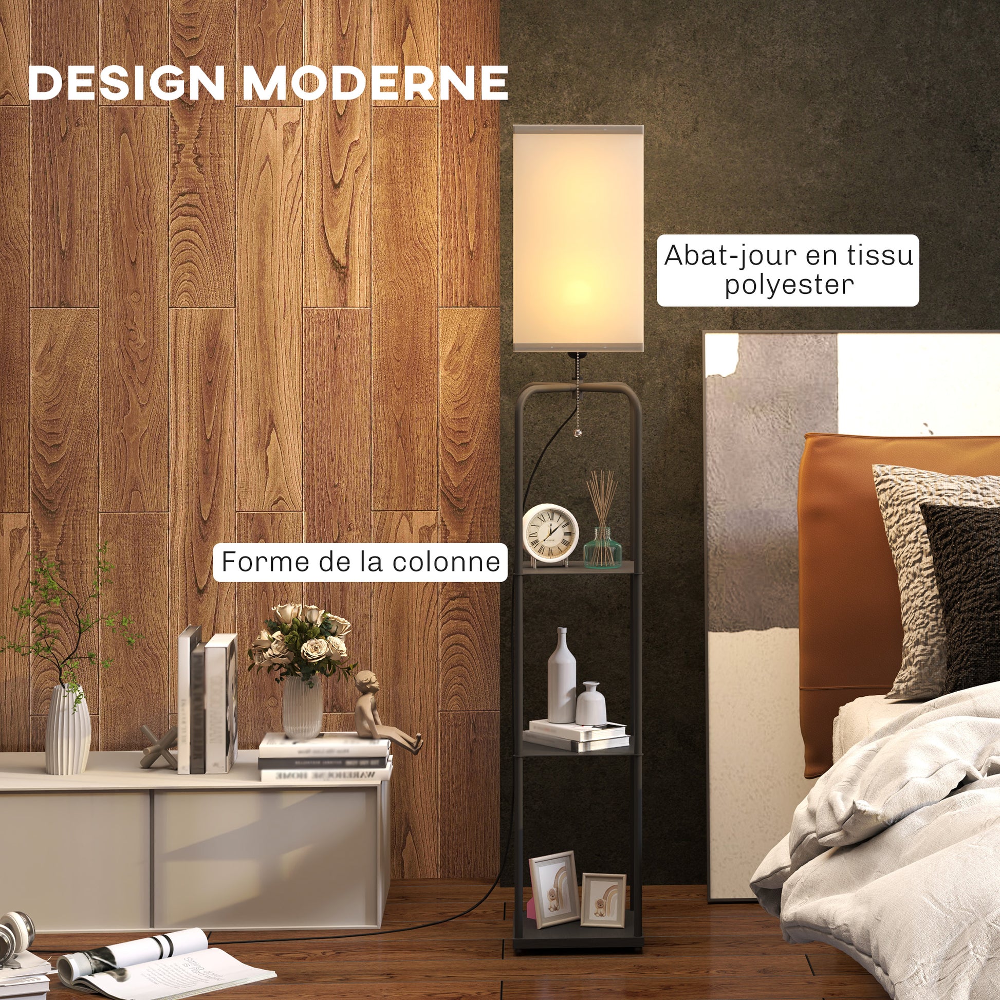 Floor Lamp for Living Room, Modern Floor Lamp with Shelves, Fabric Lampshade, Pull Chain Switch for Bedroom, Office, Bulb not Included, Black