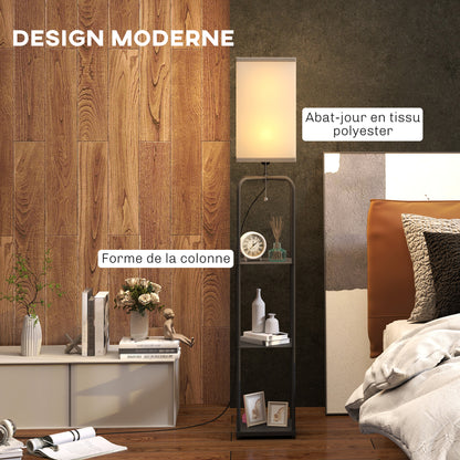 Floor Lamp for Living Room, Modern Floor Lamp with Shelves, Fabric Lampshade, Pull Chain Switch for Bedroom, Office, Bulb not Included, Black