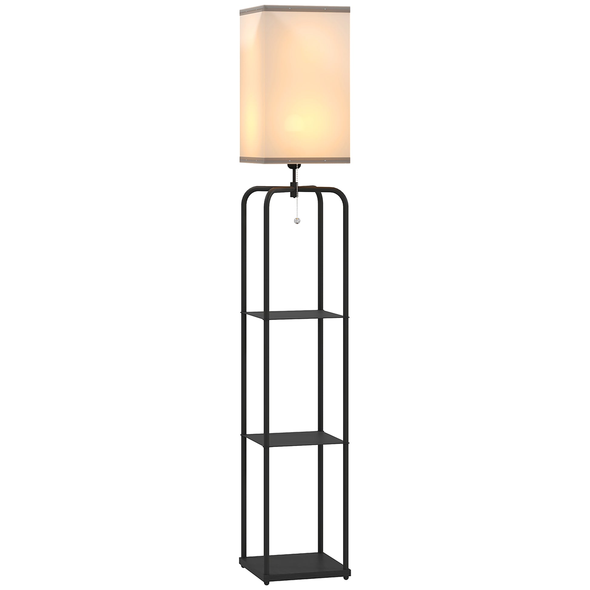 Floor Lamp for Living Room, Modern Floor Lamp with Shelves, Fabric Lampshade, Pull Chain Switch for Bedroom, Office, Bulb not Included, Black