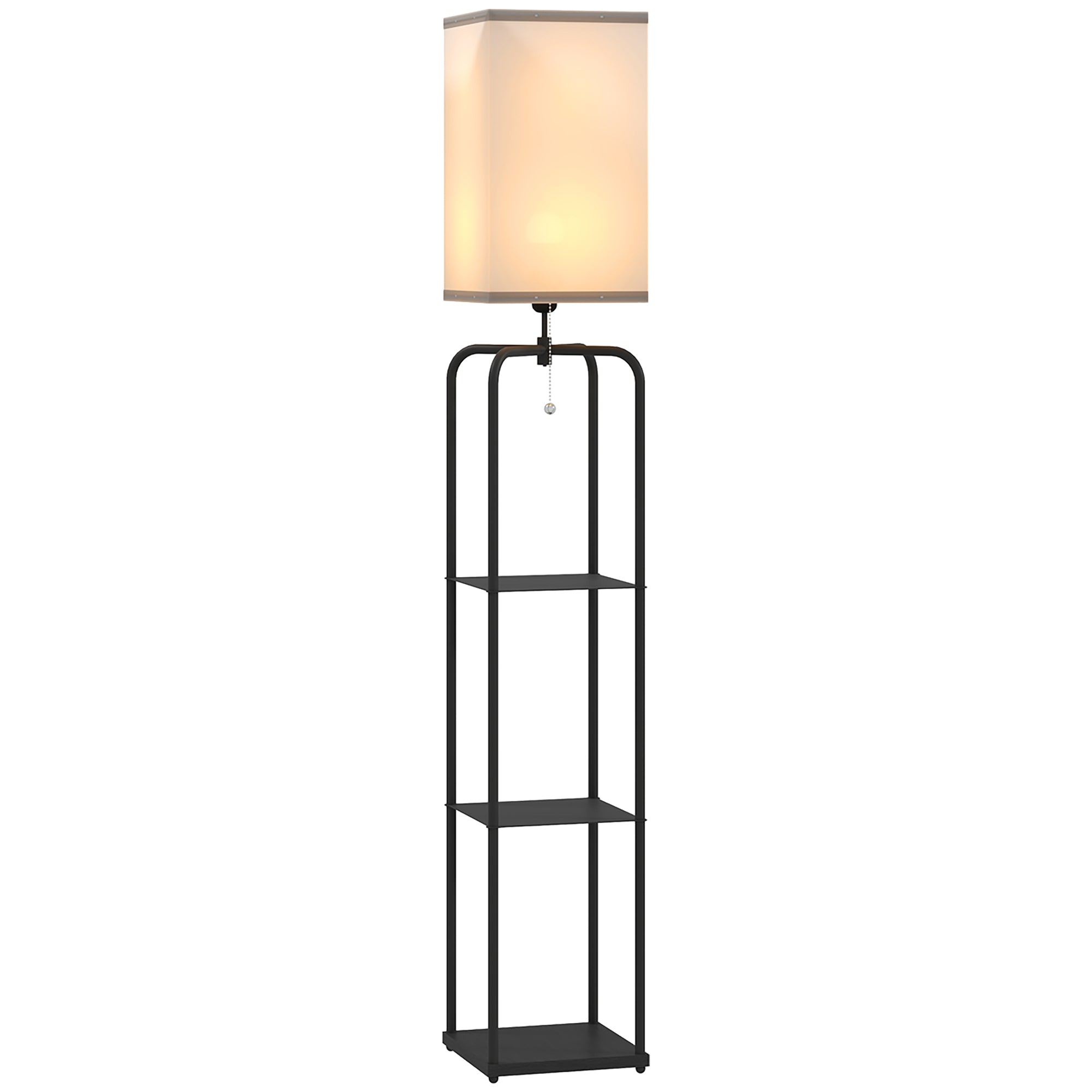 Floor Lamp for Living Room, Modern Floor Lamp with Shelves, Fabric Lampshade, Pull Chain Switch for Bedroom, Office, Bulb not Included, Black