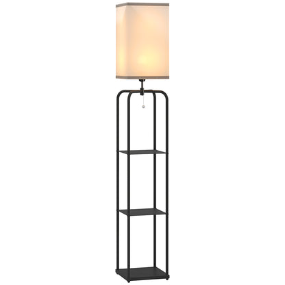 Floor Lamp for Living Room, Modern Floor Lamp with Shelves, Fabric Lampshade, Pull Chain Switch for Bedroom, Office, Bulb not Included, Black