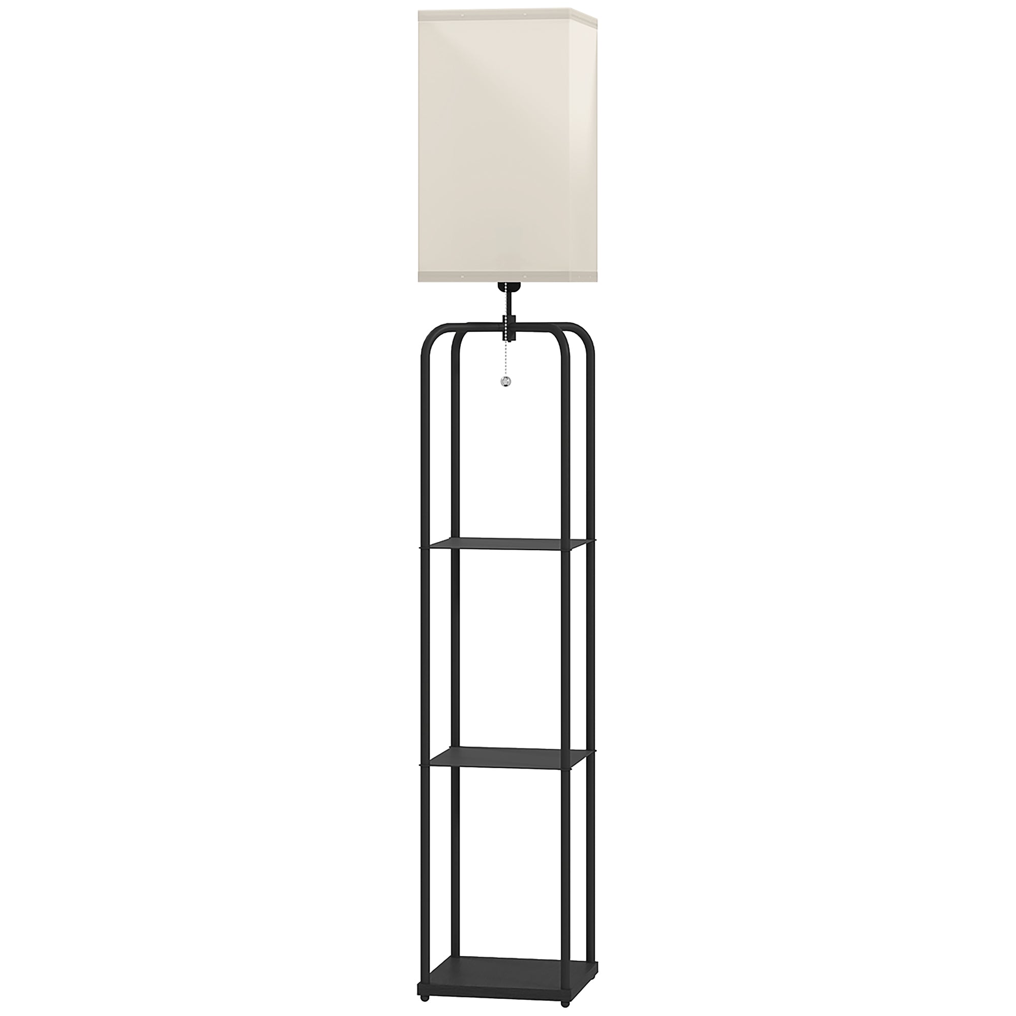 Floor Lamp for Living Room, Modern Floor Lamp with Shelves, Fabric Lampshade, Pull Chain Switch for Bedroom, Office, Bulb not Included, Black