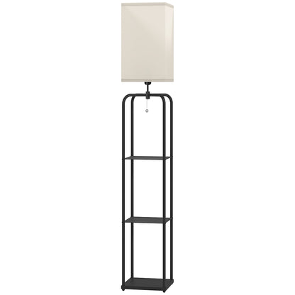 Floor Lamp for Living Room, Modern Floor Lamp with Shelves, Fabric Lampshade, Pull Chain Switch for Bedroom, Office, Bulb not Included, Black
