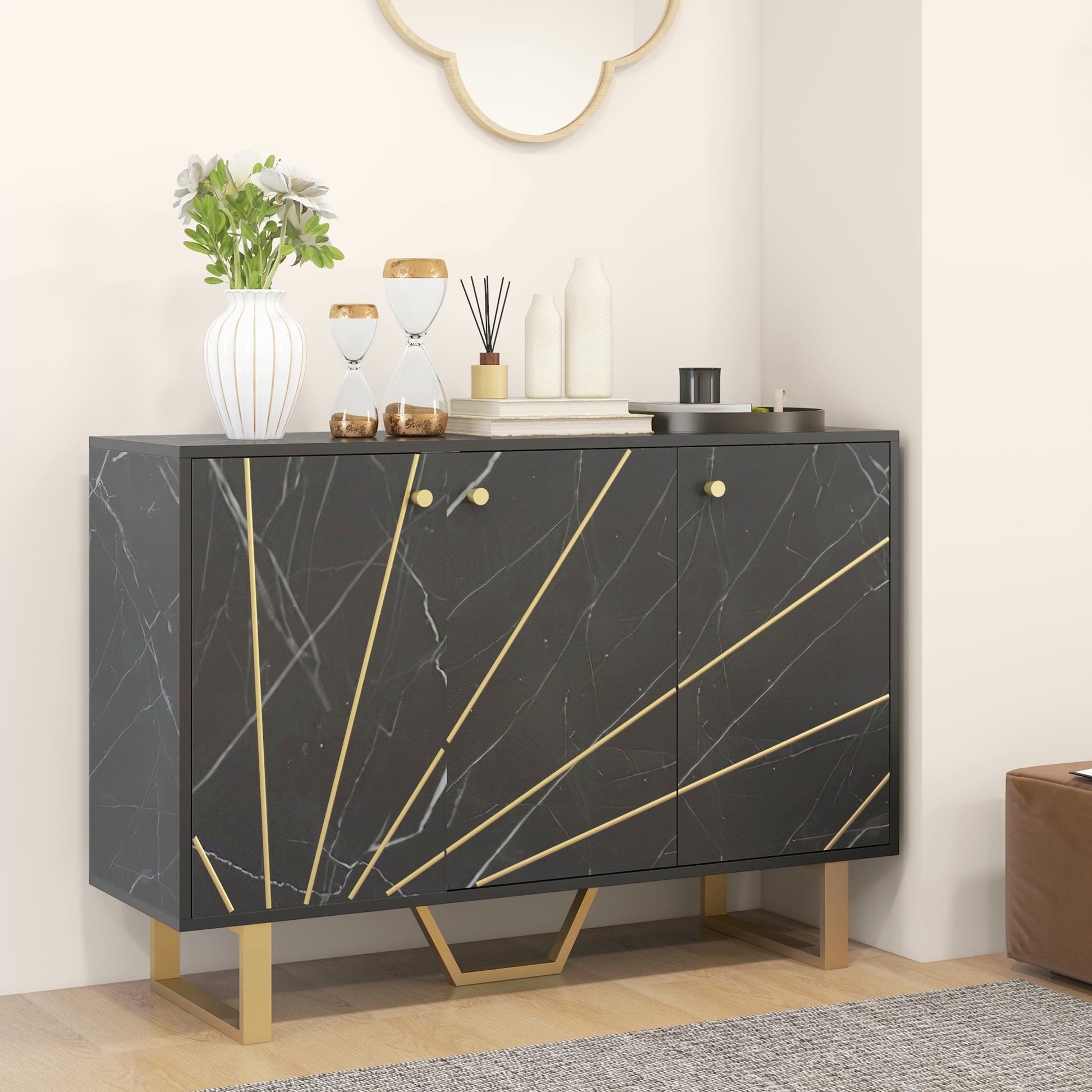 Modern Sideboard Living Room Sideboard with 2 Doors and Adjustable Shelf Auxiliary Furniture for Living Room with Marble Effect Anti-Tip 107x35x75 cm Black and Gold